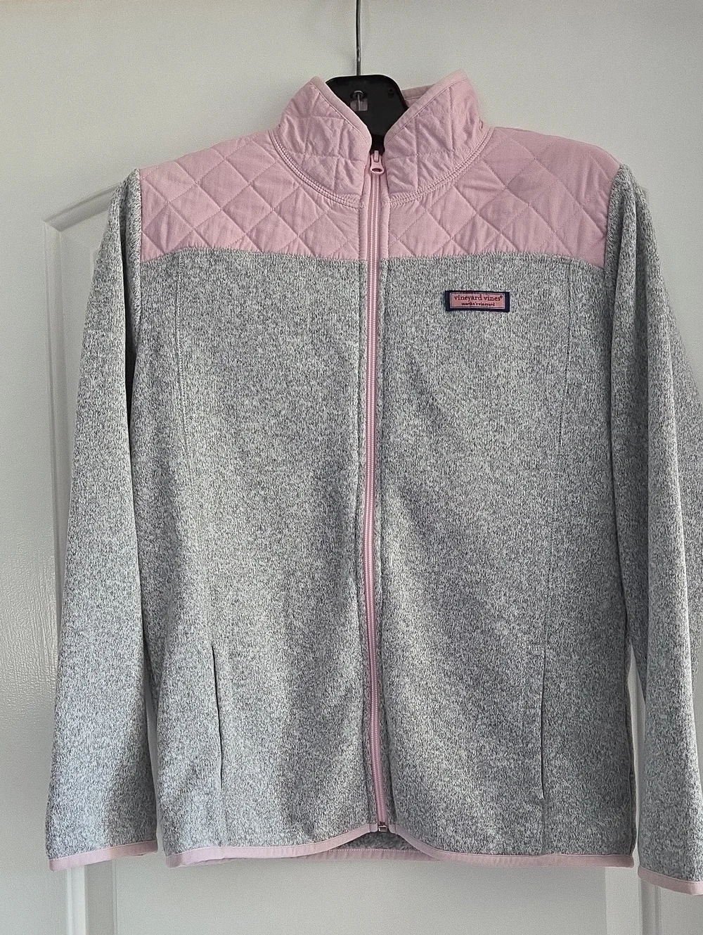 Girls Vineyard Vines Gray Pink Quilted-Yoke Full Zip Fleece Jacket Size XL 16